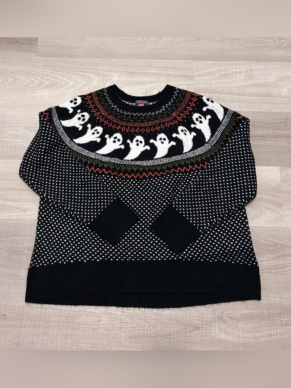 Vince Camuto Fair Isle Ghost Knit Halloween Sweater in Black Size L